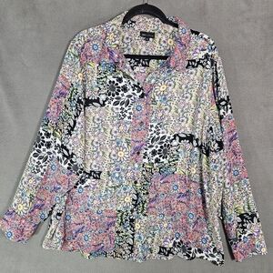 JNY Jones New York Womens Plus 3X Button Up Shirt Floral Patchwork Long Sleeve